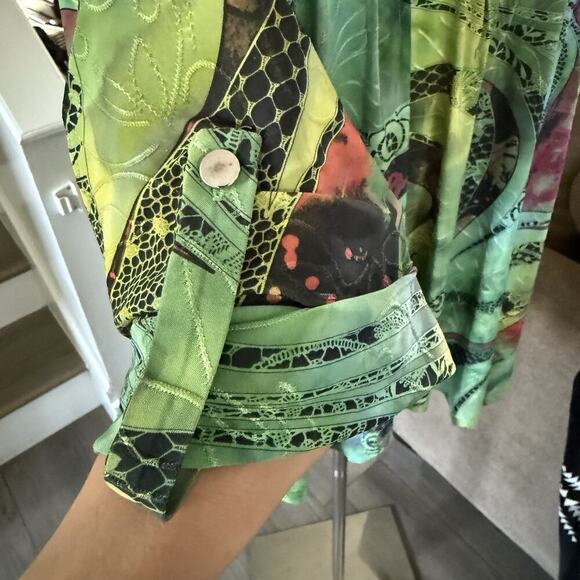 Cocomo Y2K Paisley Blouse 1X Plus Boho Roll Tab Green Stretchy Pleated Abstract - Picture 5 of 11